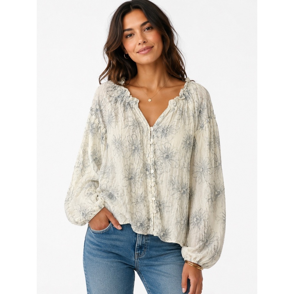 Millibon Blue Floral Outline Button Front Balloon Sleeve Blouse cottage White M